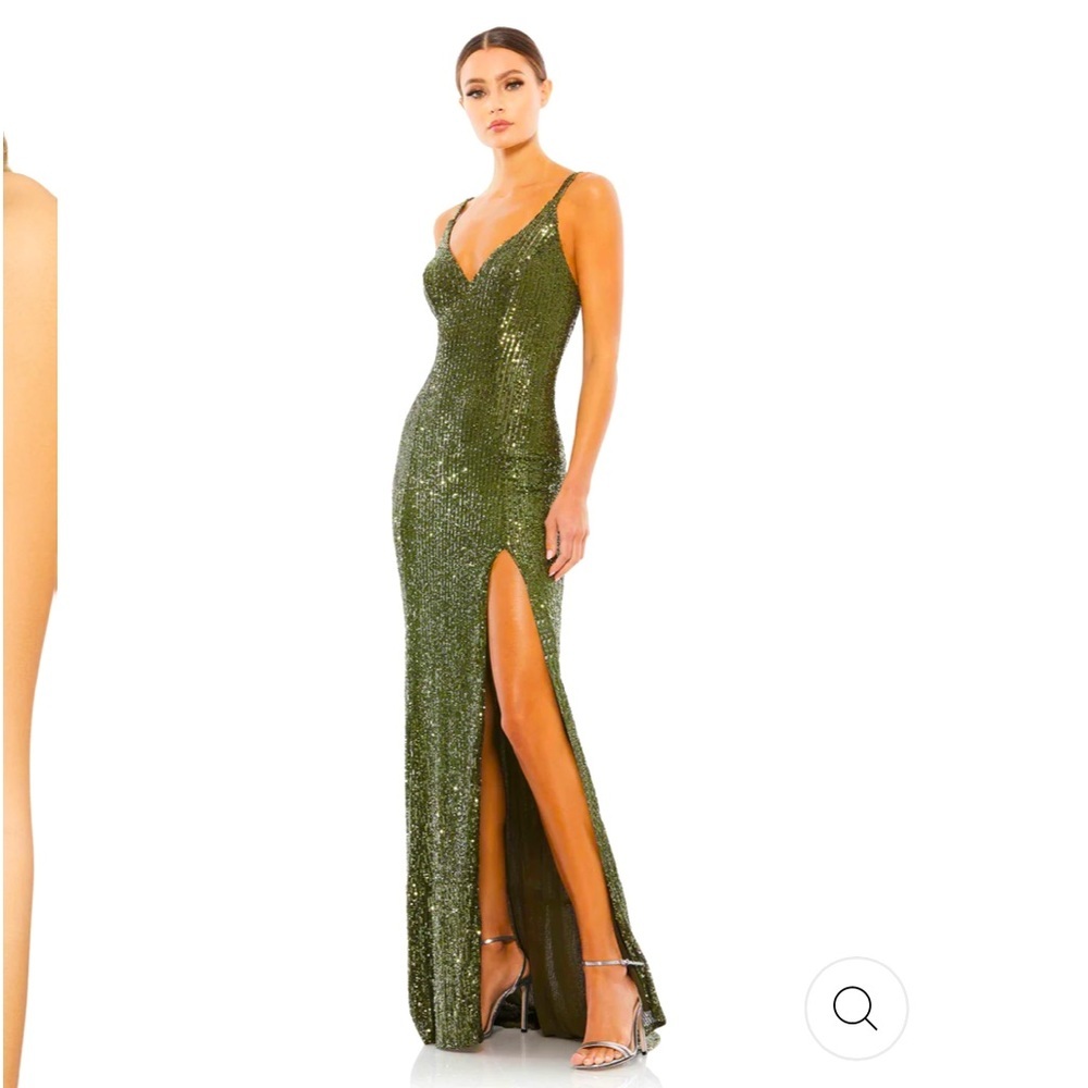 Mac Duggal Sz 0 Olive Green Sequined Scoop Back Evening Gown NWT